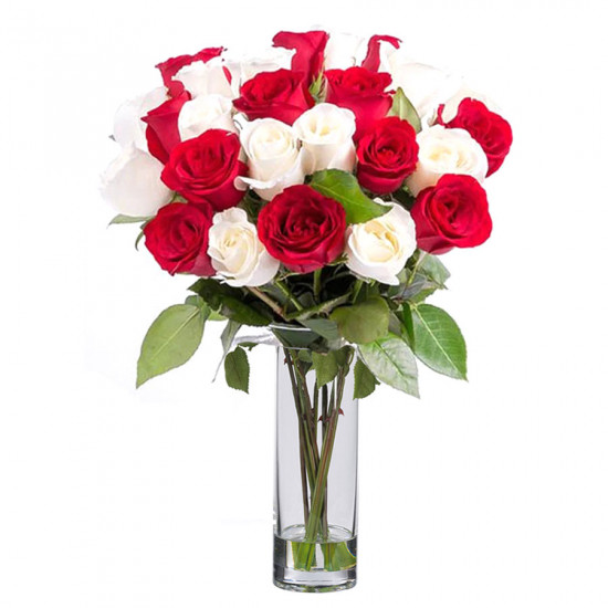 24 Imported White and Red Roses Bouquet