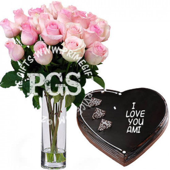 24 Pink Imported Roses with Cake 24 Pink Imported Roses with Cake