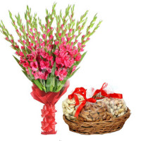 1 Kg Dry fruits and 12 Pink Gladiolus