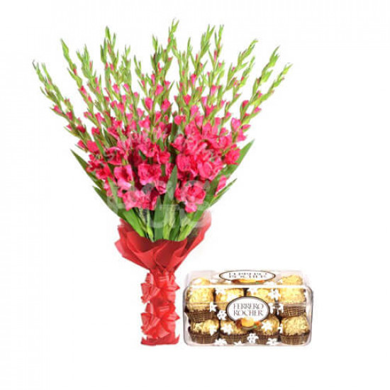 Ferrero Rocher Chocolates and 24 Pink Gladiolus
