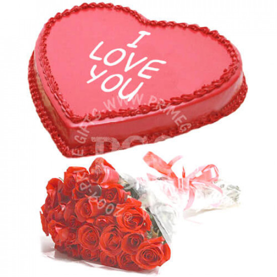 Red Roses with Red Heart Cake Red Roses with Red Heart Cake
