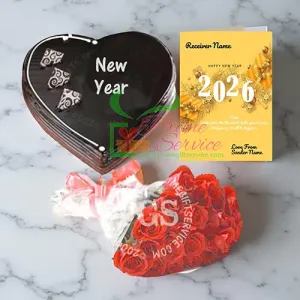 Heartfelt New Year Heart Cake & Roses Combo