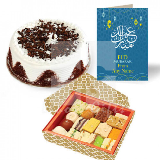 Eid Cake with Eid Card and Mithai